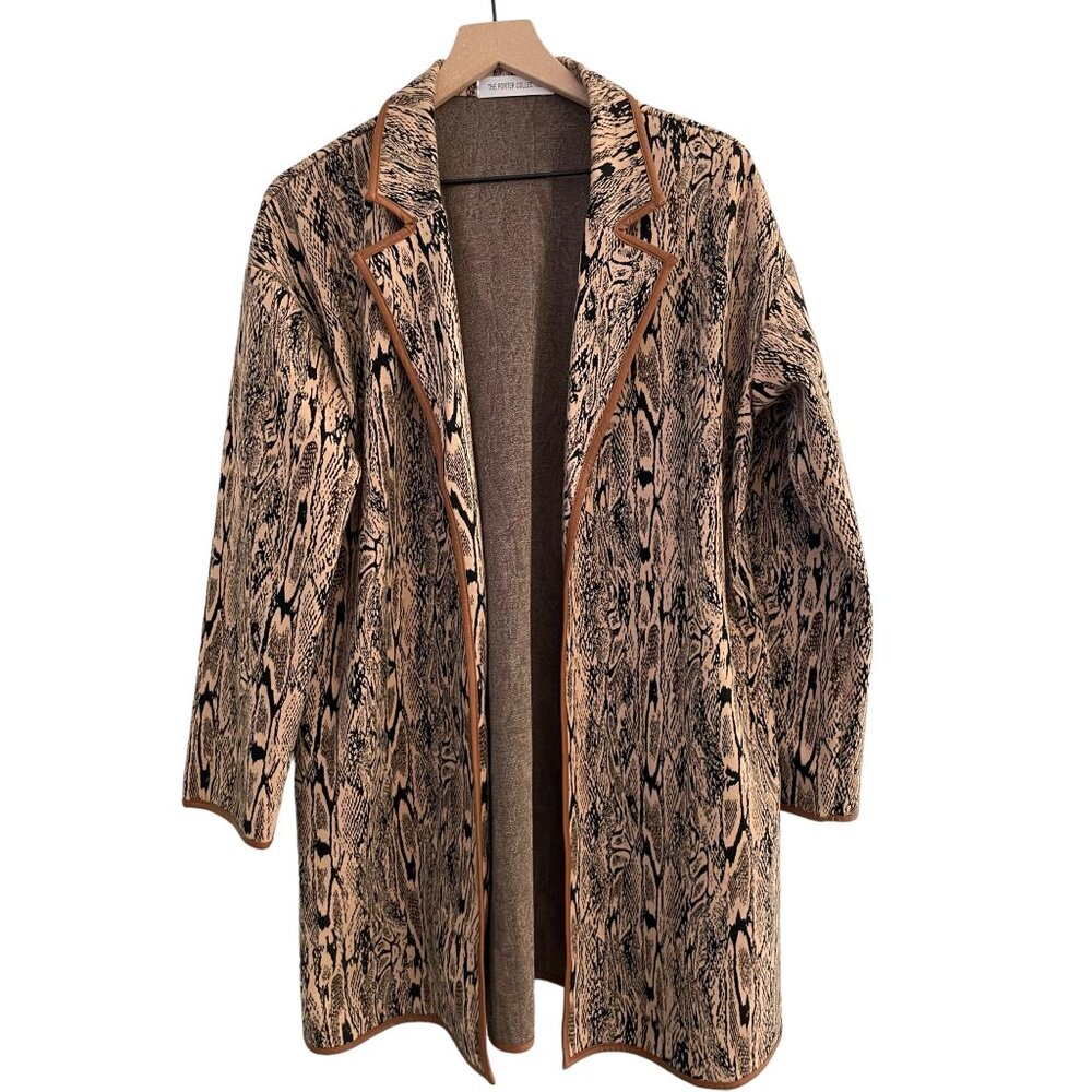 The Porter Collective Snake Print Faux Trim Open Front Tunic Cardigan Career Wor